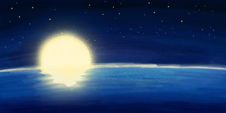 卡通手绘童话月亮星星倒影星空小河展板背景